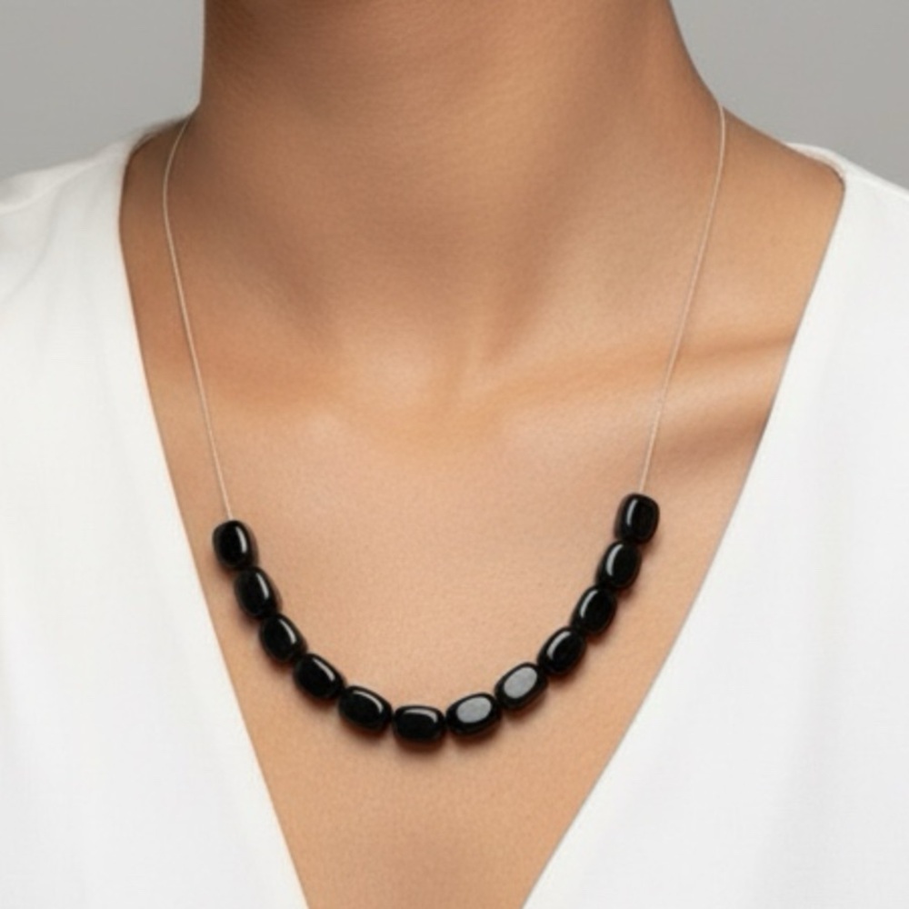 Elegant Black Sterling Silver Necklace Genuine Black Agate‎ 8099